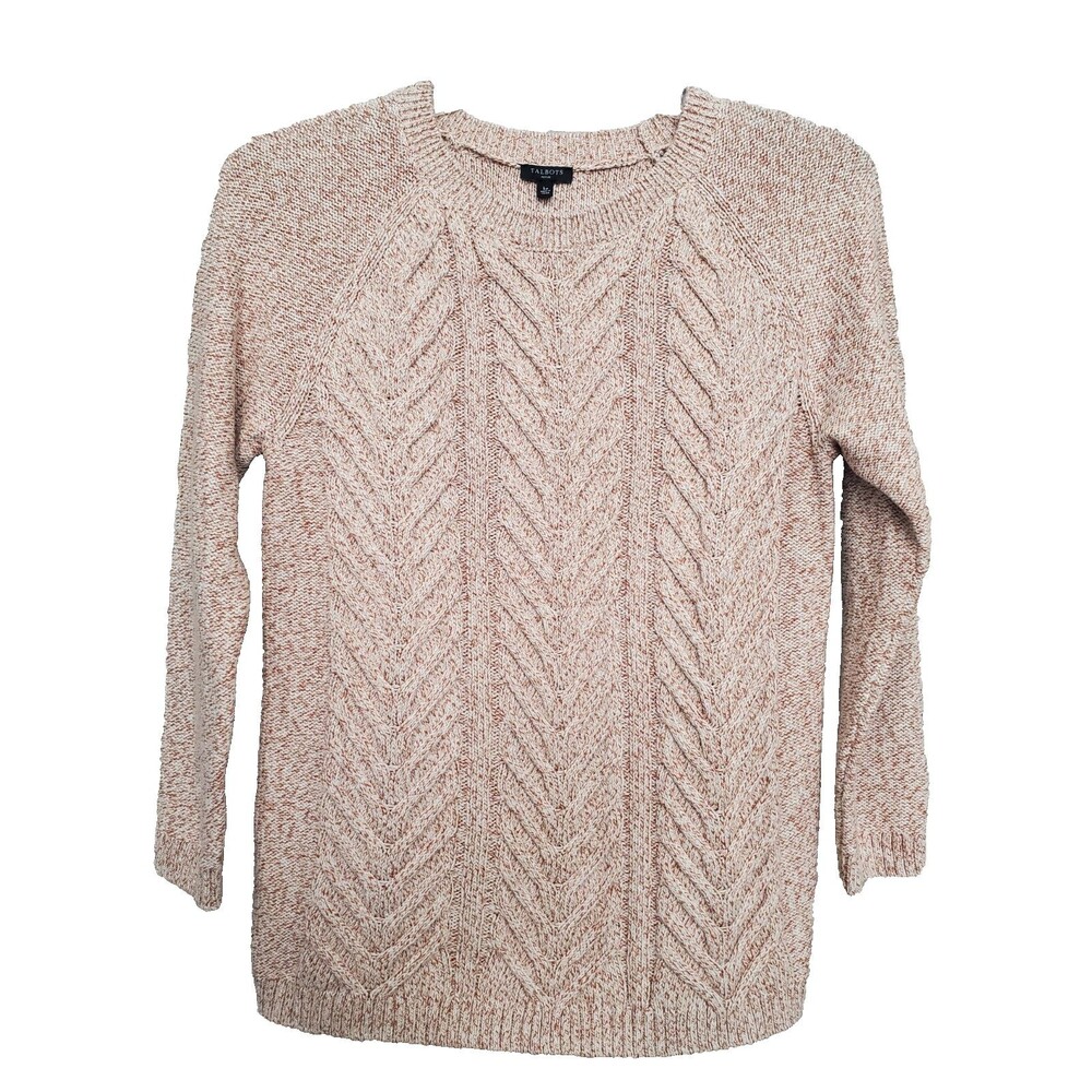 Talbots Petite Cotton Brown Marled Cable-Knit 3/4 Sleeve Pullover Sweater Sz LP